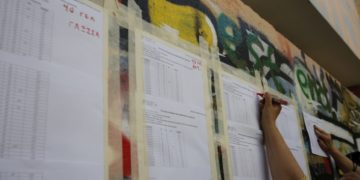 Μέλη του διδακτικού προσωπικού αναρτούν τους πίνακες με τις βαθμολογίες των υποψηφίων των Πανελλαδικών Εξετάσεων, έξω από το σχολικό συγκρότημα της Γκράβας στο Γαλάτσι (φωτ.: ΑΠΕ-ΜΠΕ/Αλέξανδρος Βλάχος)