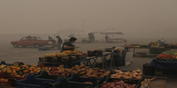 Κάτοικοι της Ιστιαίας κάνουν τις αγορές τους στη λαϊκή αγορά ανάμεσα σε πυκνούς καπνούς κατά τη διάρκεια δασικής πυρκαγιάς στην Εύβοια, Δευτέρα 9 Αυγούστου 2021 (φωτ.: ΑΠΕ-ΜΠΕ/ Κώστας Τσιρώνης)