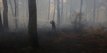 Εθελοντές πυροσβέστες επιχειρούν στην κατάσβεση της πυρκαγιάς στο Κρυονέρι, την Παρασκευή 06 Αυγούστου 2021 (φωτ.: ΑΠΕ-ΜΠΕ/ Ορέστης Παναγιώτου)