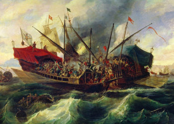 Πίνακας του Ισπανού Antonio de Brugada με θέμα τη Ναυμαχία της Ναυπάκτου. Λάδι σε καμβά (π. 1863). Συλλογή Ναυτικού Μουσείου Βαρκελόνης (πηγή: Wikipedia)