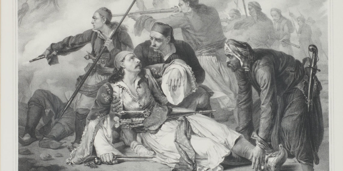 Ludovico Lipparini, «Ο θάνατος του Μάρκου Μπότσαρη» (1840, χαλκογραφία από το πρωτότυπο έργο του Civico Museo Sartorio, Τεργέστη). Συλλογή Χρήστου Ζερεφού. (φωτ. αρχείου: Ακαδημία Αθηνών)