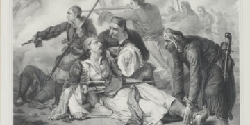 Ludovico Lipparini, «Ο θάνατος του Μάρκου Μπότσαρη» (1840, χαλκογραφία από το πρωτότυπο έργο του Civico Museo Sartorio, Τεργέστη). Συλλογή Χρήστου Ζερεφού. (φωτ. αρχείου: Ακαδημία Αθηνών)