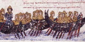 Ο στόλος των Σαρακηνών πλέει προς την Κρήτη. Μικρογραφία από το Βυζαντινό χειρόγραφο του Σκυλίτζη (πηγή: Εθνική Βιβλιοθήκη Ισπανίας)