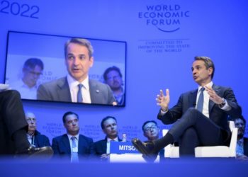 Ο πρωθυπουργός Κυριάκος Μητσοτάκης στο Οικονομικό Φόρουμ του Νταβός, στις 25 Μαΐου 2022 (Φωτ.: Laurent Gillieron/EPA)