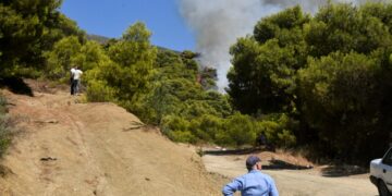 Εικόνα από την Πλατανόβρυση Αχαΐας όπου μαίνεται η φωτιά που ξέσπασε χθες, αρχικά στην Καλλιθέα (φωτ.: EUROKINISSI)