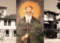 Ο Άγιος Αθανάσιος ο Αθωνίτης (τοιχογραφία του Μανουήλ Πανσέληνου από τον Ιερό Ναό Πρωτάτου Καρυών [1290]. Πηγή: commons.wikimedia.org). Στο φόντο άποψη της Μονής Μεγίστης Λαύρας (φωτ.: Mätes II / commons.wikimedia.org)
