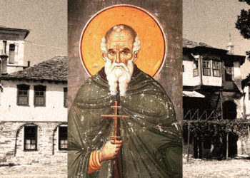 Ο Άγιος Αθανάσιος ο Αθωνίτης (τοιχογραφία του Μανουήλ Πανσέληνου από τον Ιερό Ναό Πρωτάτου Καρυών [1290]. Πηγή: commons.wikimedia.org). Στο φόντο άποψη της Μονής Μεγίστης Λαύρας (φωτ.: Mätes II / commons.wikimedia.org)
