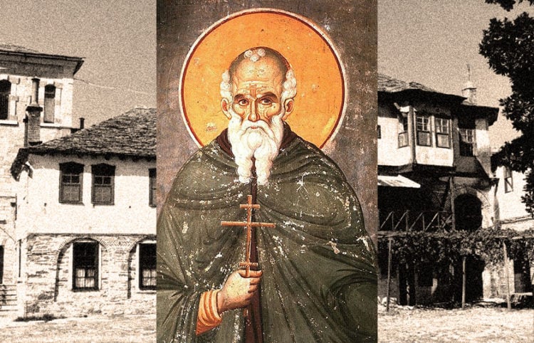 Ο Άγιος Αθανάσιος ο Αθωνίτης (τοιχογραφία του Μανουήλ Πανσέληνου από τον Ιερό Ναό Πρωτάτου Καρυών [1290]. Πηγή: commons.wikimedia.org). Στο φόντο άποψη της Μονής Μεγίστης Λαύρας (φωτ.: Mätes II / commons.wikimedia.org)