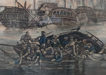 Λεπτομέρεια από πίνακα του John Theophilus Lee (περ. 1830) με θέμα τη Ναυμαχία του Ναβαρίνου, που εκτίθεται στο Εθνικό Ιστορικό Μουσείο (φωτ.: ΧΚ)
