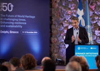 Ομιλία του πρωθυπουργού Κυριάκου Μητσοτάκη στο διεθνές συνέδριο «The Next 50: The Future of World Heritage in Challenging Times, Enhancing Resilience and Sustainability», στους Δελφούς. (Φωτ.: Γραφείο Τύπου πρωθυπουργού/Δημήτρης Παπαμήτσος/Eurokinissi)
