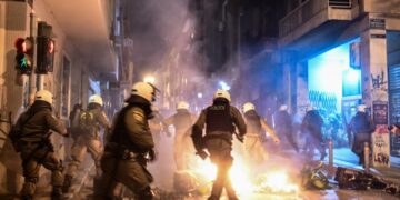 Στιγμιότυπο από τα επεισόδια στα Εξάρχεια, μετά το τέλος της πορείας για την 14η επέτειο από τη δολοφονία του Αλέξη Γρηγορόπουλου (φωτ.: Τατιάνα Μπόλαρη/ EUROKINISSI)