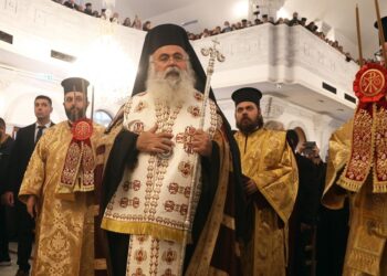 Ο νέος Αρχιεπίσκοπος Νέας Ιουστινιανής και Πάσης Κύπρου Γεώργιος στην τελετή ενθρόνισης (Φωτ.: EPA/George Christophorou)