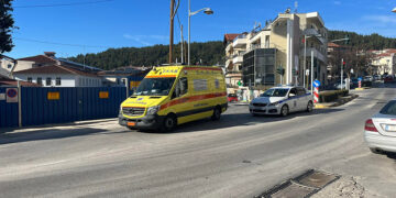 Ασθενοφόρο και περιπολικό στην επιχείρηση μεταφοράς του 3χρονου από το «Μαμάτσειο» (φωτ.: kozan.gr)