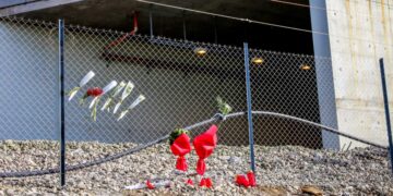 Λουλούδια στον τόπο του πολύνεκρου σιδηροδρομικού δυστυχήματος στα Τέμπη (φωτ.: Eurokinissi/Λεωνίδας Τζέκας)