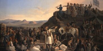 «Το στρατόπεδο του Καραϊσκάκη στην Καστέλλα», Θεόδωρος Βρυζάκης (1855). Λάδι σε μουσαμά 145 εκ. x 178 εκ., (πηγή: Εθνική Πινακοθήκη-Μουσείο Αλεξάνδρου Σούτζου)