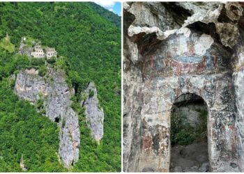 Η Μονή Περιστερεώτα από μακριά, κατεστραμμένες αγιογραφίες στον Βαζελώνα (πηγή: Facebook / Trabzon - Yemekler-Coğrafya-Kültür)
