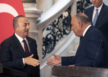 Ο Τούρκος ΥΠΕΞ Μεβλούτ Τσαβούσογλου με τον Αιγύπτιο ομόλογό του Σαμέχ Σούκρι, σε προηγούμενη συνάντησή τους στο Κάιρο (φωτ. αρχείου:
EPA/KHALED ELFIQI)