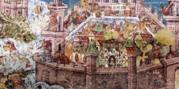 Νωπογραφία του 1537, από άγνωστο καλλιτέχνη στη Μονή Μολντοβίτσα που απεικονίζει την Άλωση της Κωνσταντινούπολης (φωτ.: el.wikipedia.org/ webshots.com)