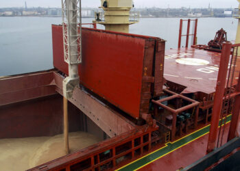 Ουκρανικά σιτηρά σε bulk carrier στο λιμάνι της πόλης Τσορνομόρσκ, κοντά στην Οδησσό (φωτ.: EPA / Igor Tkachenko)