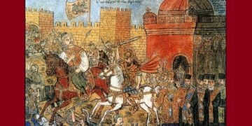 «Κωνσταντίνος ο Αυτοκράτωρ των Ελληνορωμαίων εξέρχεται άτρομος εις την μάχην το 1453 Μαΐου 29». Τοιχογραφία του Θεόφιλου (φωτ.: el.wikipedia.org)