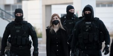 Η Ρούλα Πισπιρίγκου προσέρχεται στο δικαστήριο συνοδεία αστυνομικών (φωτ.: ΑΠΕ-ΜΠΕ/Γιώργος Βιτσαράς)