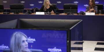 Η ευρωβουλευτής Εύα Καϊλή στο συνέδριο της Ολυμπίας, στο Ζάππειο Μέγαρο, τον Οκτώβριο του 2022 (φωτ.: ΑΠΕ-ΜΠΕ/Τσομώκος Α.Ε/Βάιος Χασιάλης)