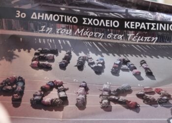 Τσάντες των μαθητών του δημοτικού σχολείου Κερατσινίου σχηματίζουν τη φράση «είναι άδικο», με αφορμή το τραγικό σιδηροδρομικό δυστύχημα στα Τέμπη (φωτ.: EUROKINISSI/Γιώργος Κονταρίνης)