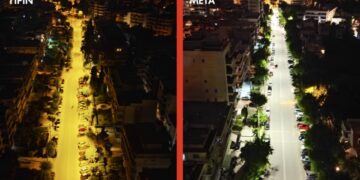 Η οδός Αναξιμάνδρου με τον παλιό και με τον νέο φωτισμό (φωτ.: Δήμος Θεσσαλονίκης)