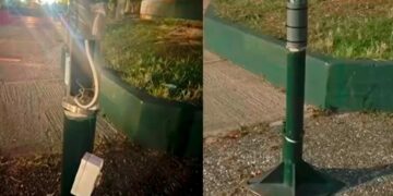 Η κολόνα όπως ήταν με τα καλώδια να κρέμονται εκτεθειμένα όταν έπαθε ηλεκτροπληξία το παιδί και δεξιά, όπως επιδιορθώθηκε πρόχειρα (φωτ.: glomex)