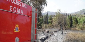 Πυροσβεστικό όχημα δίπλα σε καμένη έκταση (φωτ.: EUROKINISSI/Γιώργος Κονταρίνης)