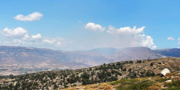 Ακόμα και από απόσταση είναι ορατός ο καπνός από τη φωτιά στην περιοχή Μελισσώνας Καρύστου (φωτ.: Facebook / Πυρκαγιά Ενημέρωση / Γιώργος Κουφόπουλος)