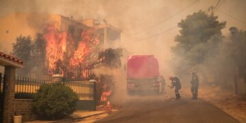 Οι φλόγες στη Φυλή έχουν πλέον μπει στην κατοικημένη περιοχή (φωτ.: EUROKINISSI/Κώστας Τζούμας)