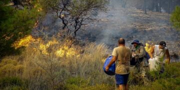 Εθελοντές πυροσβέστες προσπαθούν να σβήσουν φωτιά σε δάσος της Ρόδου (φωτ.: EUROKINISSI/Αργύρης Μαντικός)