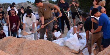 Πλήθος εθελοντών Λαρισαίων, στην πλειοψηφία τους νεαρά παιδιά, γεμίζουν και μεταφέρουν τσουβάλια με άμμο, βοηθώντας τους εργαζόμενους στο δημοτικό φυτώριο Λάρισας, για την ενίσχυση των αναχωμάτων του Πηνειού ποταμού, (φωτ.: ΑΠΕ-ΜΠΕ/Αποστόλης Ντομαλης)