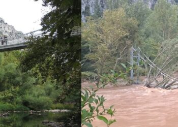 Το πριν και το μετά της κακοκαιρίας «Daniel» στην πεζογέφυρα της Αγίας Παρασκευής (πηγή φωτ.: facebook.com/Tony Rigopoulos & facebook.com/dimostemponofficial)