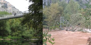 Το πριν και το μετά της κακοκαιρίας «Daniel» στην πεζογέφυρα της Αγίας Παρασκευής (πηγή φωτ.: facebook.com/Tony Rigopoulos & facebook.com/dimostemponofficial)