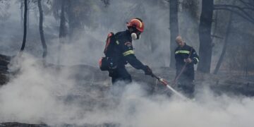 Πυροσβέστες επιχειρούν κατά της πυρκαγιάς στη Σταμάτα (φωτ.: EUROKINISSI/Μιχάλης Καραγιάννης)