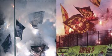 Οπαδοί του ΠΑΟΚ (αριστερά) και του Άρη (φωτ.: EUROKINISSI/Αντώνης Νικολόπουλος/ΜΟΤΙΟΝΤΕΑΜ/Γιώργος Κωνσταντινίδης)