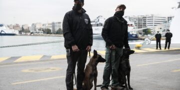Άνδρες του Λιμενικού Σώματος με ειδικά εκπαιδευμένα σκυλιά (φωτ. αρχείου: EUROKINISSI/Σωτήρης Δημητρόπουλος)