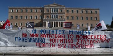 Πανό των φοιτητών για την ανακοίνωση του συλλαλητηρίου μπροστά στη Βουλή (φωτ.: EUROKINISSI/Σωτήρης Δημητρόπουλος)