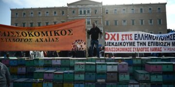 Κυψέλες, καπνιστήρια και πανό στην πλατεία Συντάγματος στη διάρκεια της διαμαρτυρίας των μελισσοκόμων (φωτ.: EUROKINISSI/Κώστας Τζούμας)