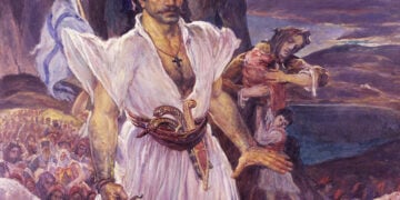 Σκηνή από την Έξοδο του Μεσολογγίου.  Ελαιογραφία σε μουσαμά του Ανδρέα Γεωργιάδη, 1968. Εθνικό Ιστορικό Μουσείο