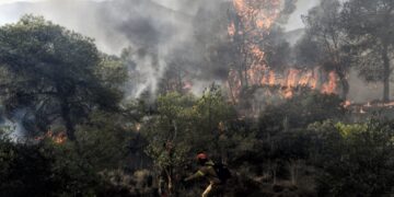 Δασοπυροσβέστης στη διάρκεια κατάσβεσης (φωτ. αρχείου: EUROKINISSI)
