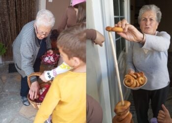 Οι μικροί μαθητές ανταλλάσσουν κερκέλια, αυγά, αλλά και λιχουδιές με τους κατοίκους του Κεχρόκαμπου (φωτ.:  Σύλλογος Γονέων του δημοτικού σχολείου Κεχρόκαμπου)