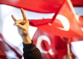 Το σήμα των Γκρίζων Λύκων κατά τη διάρκεια διαδήλωσης στο Ρότερνταμ, έξω από το τουρκικό προξενείο, το 2017 (φωτ.: EPA / Bas Czerwinski)