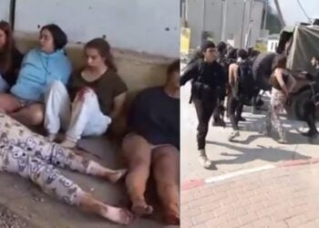 Αριστερά οι νεοσύλλεκτες, αιμόφυρτες και ταλαιπωρημένες, σε κατάσταση ομηρίας και δεξιά φαίνεται να τις ανεβάζουν σε φορτηγό για να τις μεταφέρουν σε άγνωστη τοποθεσία (φωτ.: Χ/Oli London)