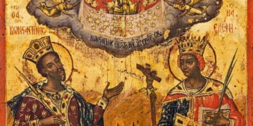Εικόνα με τους αγίους Κωνσταντίνο και Ελένη, του 1762. Δωρεά Αιμιλίας Γερουλάνου από τη συλλογή της Ελένης Κορυζή στο Μουσείο Μπενάκη (πηγή: benaki.org)