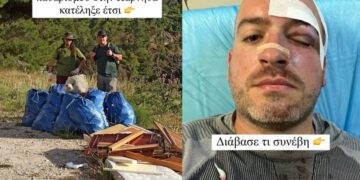 Αριστερά, οι εθελοντές με τα σκουπίδια που είχαν συγκεντρώσει και δεξιά ο ένας εκ των δύο, τραυματισμένος στο νοσοκομείο (φωτ.: instagram/mikelapardas)