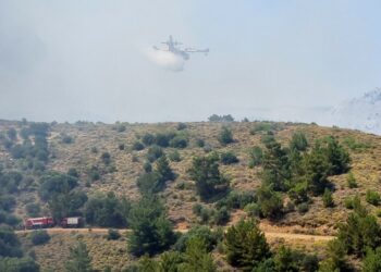 Πυροσβεστικό αεροπλάνο επιχειρεί στην κατάσβεση της πυρκαγιάς που καίει δασική και θαμνώδη έκταση στην περιοχή του Τρυπατέ στις Καρυές της Χίου, την Παρασκευή 7 Ιουνίου 2024. (Φωτ.: ΑΠΕ-ΜΠΕ/Κώστας Κούριας)