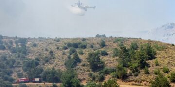 Πυροσβεστικό αεροπλάνο επιχειρεί στην κατάσβεση της πυρκαγιάς που καίει δασική και θαμνώδη έκταση στην περιοχή του Τρυπατέ στις Καρυές της Χίου, την Παρασκευή 7 Ιουνίου 2024. (Φωτ.: ΑΠΕ-ΜΠΕ/Κώστας Κούριας)